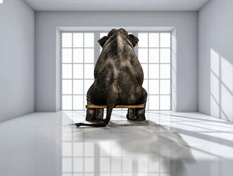 Een olifant zit op een klein krukje in een lege witte kamer, met de rug naar de kijker